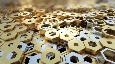 Soyut 3d resimli duvar arkaplanı. Beyaz ve parlak altıgen yapı Sığ Dof ile Seçici odak makro çekim