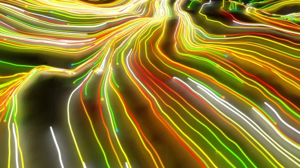 Neon glowing twisted cosmic lines on the surface of the planet. Beautiful swirls, bright turbulence curls flow colorful motion. Fluid and smooth astronomy vortex structure. 3d rendering Abstract — 스톡 사진