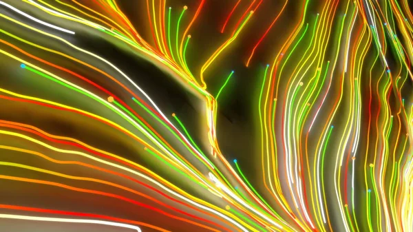 Neon glühend verdrehte kosmische Linien auf der Oberfläche des Planeten. schöne Wirbel, helle Turbulenzen Locken fließen bunte Bewegung. flüssige und glatte Astronomie-Wirbelstruktur. 3D-Darstellung abstrakt — Stockfoto