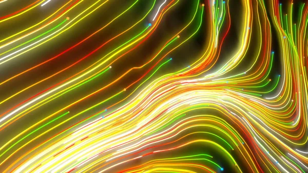 Neon glühend verdrehte kosmische Linien auf der Oberfläche des Planeten. schöne Wirbel, helle Turbulenzen Locken fließen bunte Bewegung. flüssige und glatte Astronomie-Wirbelstruktur. 3D-Darstellung abstrakt — Stockfoto