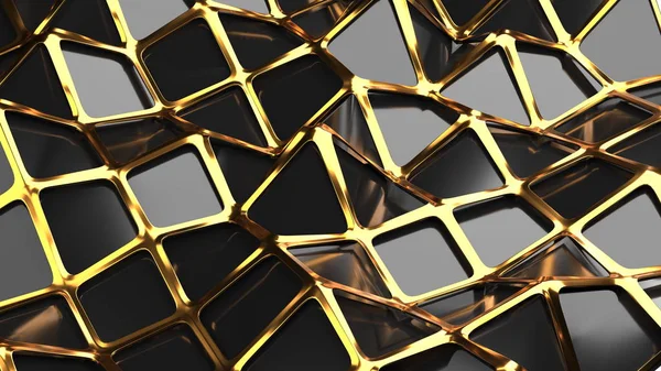La calandre lowpoly dorée et polygonale a une surface réfléchissante noire dans un design minimaliste. Résumé 3d illustration fond — Photo
