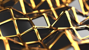 Altın ve çokgen alçak tabakalı ızgaranın minimalist bir dizaynda siyah yansıtıcı bir yüzeyi vardır. Soyut 3d resimleme arkaplanı. Sığ Dof ile seçici odak makro görüntüsü