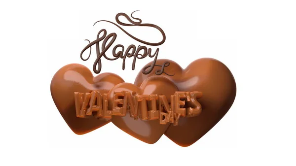 Gelukkige Valentijnsdag belettering met drie harten achter gemaakt van pure zoete chocolade of karamel. 3d illustratie geïsoleerd op witte achtergrond — Stockfoto