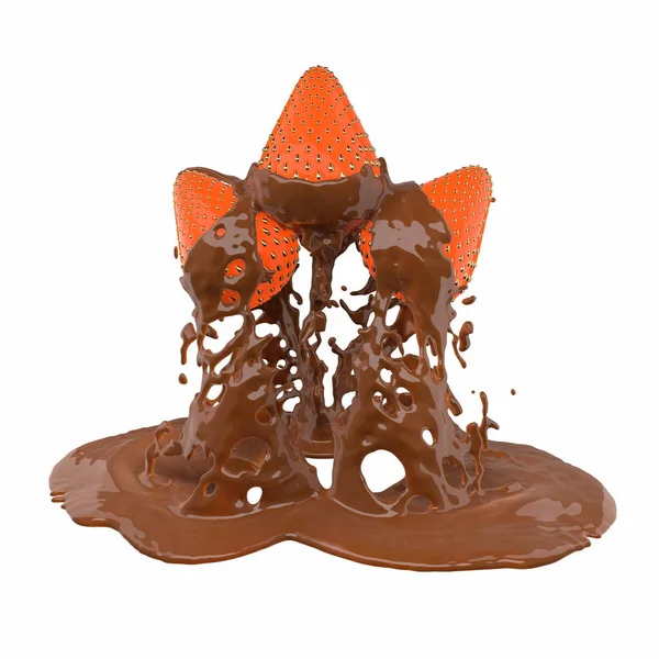 Na słodką, brązową czekoladę wylewa się 3 soczyste i niezwykłe jagody truskawkowe. Ich kości są ze złota. Izolacja na białym tle Ilustracja 3d — Zdjęcie stockowe