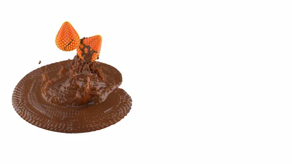 Na słodką, brązową czekoladę wylewa się 2 soczyste i świeże truskawkowe jagody. Izolacja na białym tle Ilustracja 3D z copyspace dla Twojego tekstu — Zdjęcie stockowe