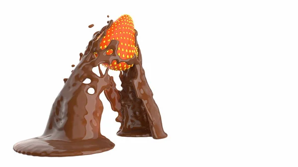 Спелые и свежие клубника выливаются поверх сладкого, коричневого шоколада. Изолированный на белом фоне 3d иллюстрации с копирайтом для вашего текста — стоковое фото