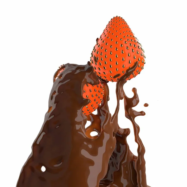 Na słodką, brązową czekoladę wylewa się 2 soczyste i świeże truskawkowe jagody. Izolacja na białym tle Ilustracja 3d — Zdjęcie stockowe