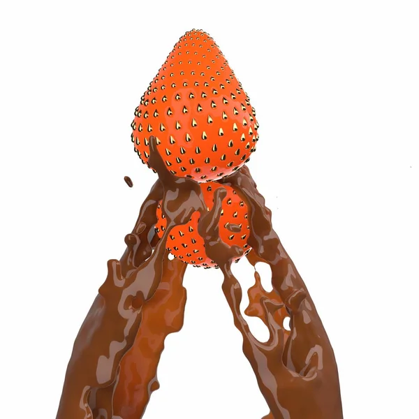 2 sappige en verse aardbeien worden bovenop zoete, bruine chocolade gegoten. Geïsoleerd op witte achtergrond 3d illustratie — Stockfoto