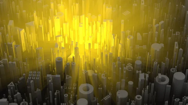 Abstrakcyjne i futurystyczne miasto oświetlone pomarańczowym i ciepłym światłem objętościowym. wysokiej jakości tło ilustracji 3D. Strzał z powietrza — Zdjęcie stockowe