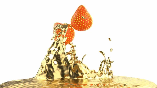 3 soczyste i świeże truskawkowe jagody są wylewane na wierzch płynnego złota. Izolacja na białym tle Ilustracja 3d — Zdjęcie stockowe