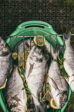 Bahçe ızgarasında limonlu ve maydanozlu taze ve çiğ balık. Yazın barbeküye hazır ol ve çürüğü bekle. Sığ Dof ile seçici odak makro görüntüsü
