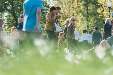 Moskova, Rusya-09 Mayıs 2015: Gorky Park 'ta insanlar Zafer Günü' nü kutluyor. Önünde nergis tarlası olan bir kalabalık parktan geçiyor. Seçici odak makro görüntüsü
