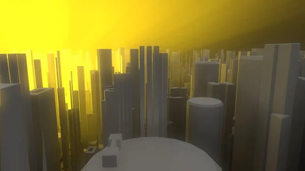 Abstract en futuristische stad verlicht door oranje en warm volumetrisch licht. hoge kwaliteit 3D illustratie achtergrond. Luchtfoto — Stockfoto