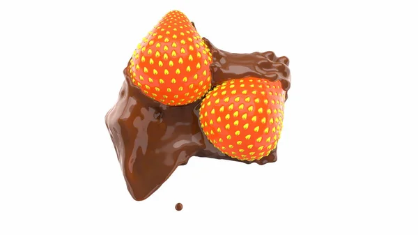 2 saftige und frische Erdbeeren werden auf süße, braune Schokolade gegossen. isoliert auf weißem Hintergrund 3D-Illustration — Stockfoto