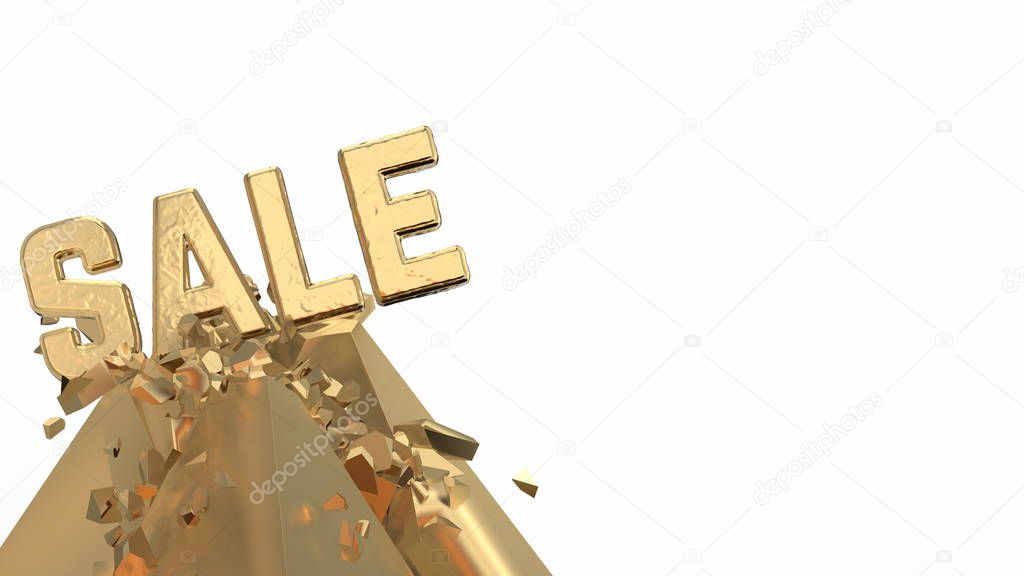 Sale lettering calligraphy made by gold, breaks the top peak of the golden pyramid and the fragments fly in different directions. concept of incredible heights in sales and business 3d illustration
