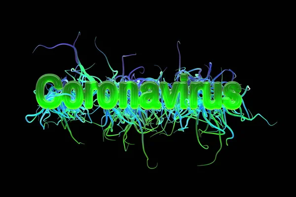 Inscripción del Coronavirus con tentáculos terribles que crecen en diferentes direcciones. Ilustración 3d. Concepto de infección por virus. Aislar sobre fondo negro — Foto de Stock