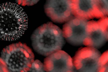 Coronavirus molekülleri çerçeve alanına dağıldı. Mikroskobik fotoğrafçılık. Salgın virüs enfeksiyonu konsepti ve yaşam riski. Sağlığınıza dikkat edin. Hücrelerin 3d illüstrasyonu