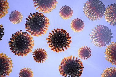 Coronavirus molekülleri çerçeve alanına dağıldı. Mikroskobik fotoğrafçılık. Salgın virüs enfeksiyonu konsepti ve yaşam riski. Sağlığınıza dikkat edin. Hücrelerin 3d illüstrasyonu