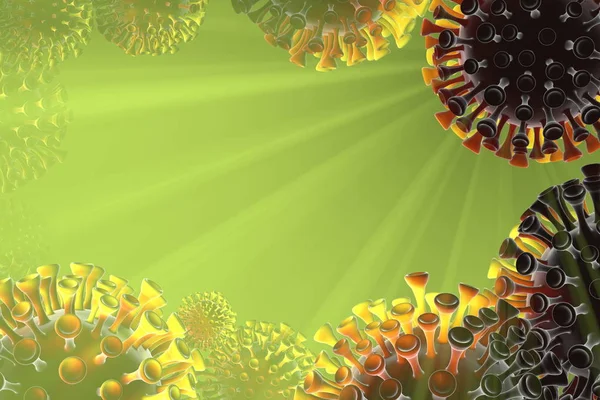 Molecole di coronavirus distribuite sul campo di calcolo. Fotografia microscopica. Il concetto di infezione da virus epidemico e il rischio di vita. Cura della salute. Illustrazione 3D delle cellule. Telaio con — Foto Stock