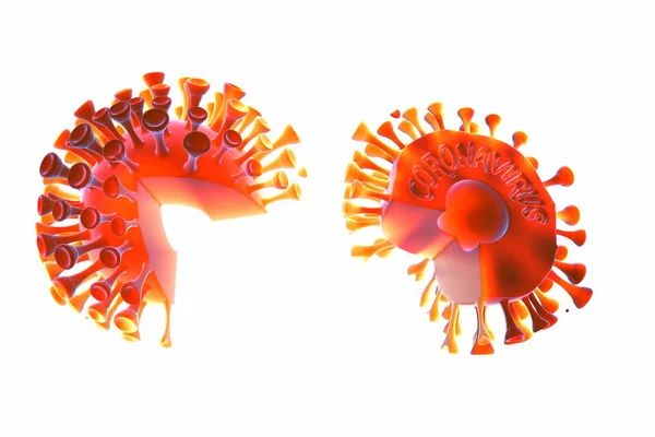 Moléculas de coronavírus divididas em partes. Fotografia microscópica. O conceito de infecção pelo vírus epidêmico e o risco de vida. Cuidados de saúde. Ilustração 3D de células. Isolado em branco — Fotografia de Stock