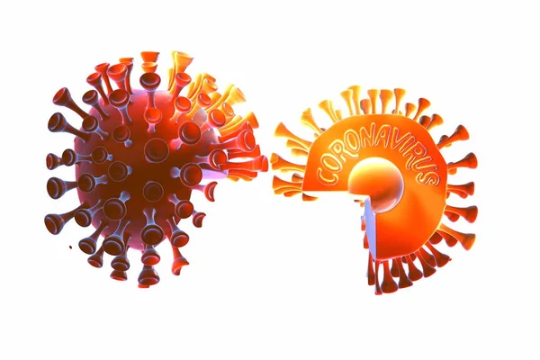 Coronavirus molekülleri parçalara ayrıldı. Mikroskobik fotoğrafçılık. Salgın virüs enfeksiyonu konsepti ve yaşam riski. Sağlığınıza dikkat edin. Hücrelerin 3 boyutlu çizimi. Beyazda izole edilmiş