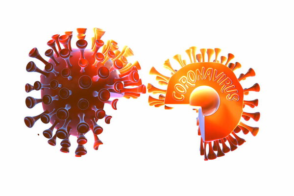 Coronavirus molecules split into parts. Microscopic photography. The concept of the epidemic virus infection and the risk of life. Care of health. 3D illustration of cells. Isolated on white