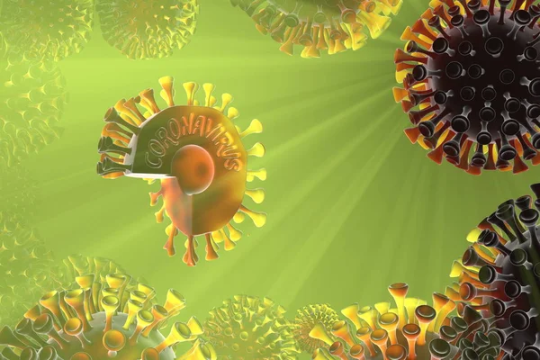 Molecole di coronavirus distribuite sul campo di calcolo. Fotografia microscopica. Il concetto di infezione da virus epidemico e il rischio di vita. Cura della salute. Illustrazione 3D delle cellule — Foto Stock
