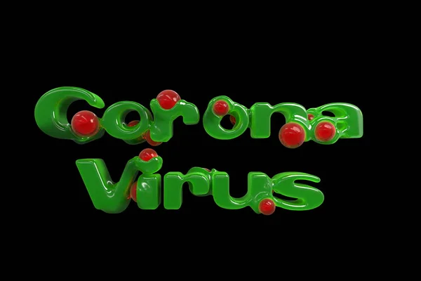 Inscrição de coronavírus feita por carne verde e gotas vermelhas de sangue. Ilustração 3d. Conceito de infecção pelo vírus — Fotografia de Stock