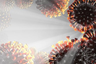 Coronavirus molekülleri çerçeve alanına dağıldı. Mikroskobik fotoğrafçılık. Salgın virüs enfeksiyonu konsepti ve yaşam riski. Sağlığınıza dikkat edin. Hücrelerin 3 boyutlu çizimi. Çerçeve