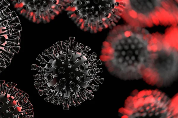 Molecole di coronavirus distribuite sul campo di calcolo. Fotografia microscopica. Il concetto di infezione da virus epidemico e il rischio di vita. Cura della salute. Illustrazione 3D delle cellule — Foto Stock