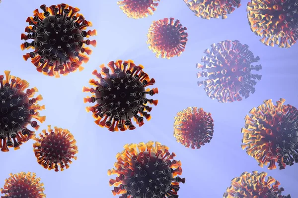 Coronavirus molekülleri çerçeve alanına dağıldı. Mikroskobik fotoğrafçılık. Salgın virüs enfeksiyonu konsepti ve yaşam riski. Sağlığınıza dikkat edin. Hücrelerin 3d illüstrasyonu