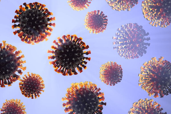 Coronavirus molecules distributed over the frame field. Microscopic photography. The concept of the epidemic virus infection and the risk of life. Care of health. 3D illustration of cells