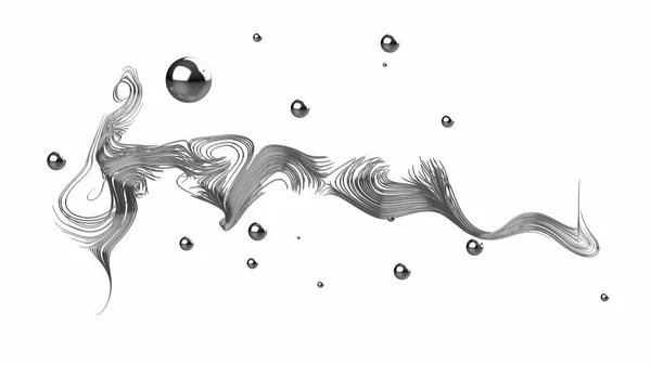 Composizione grafica astratta con bel ricciolo realizzato in argento e palline. Illustrazione 3d isilata su bianco — Foto Stock
