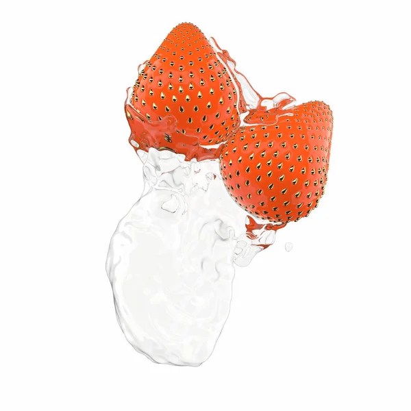2 fraises juteuses et fraîches dont les graines sont faites d'or. Avec des éclaboussures d'eau cristalline. Isolé sur fond blanc Illustration 3D — Photo
