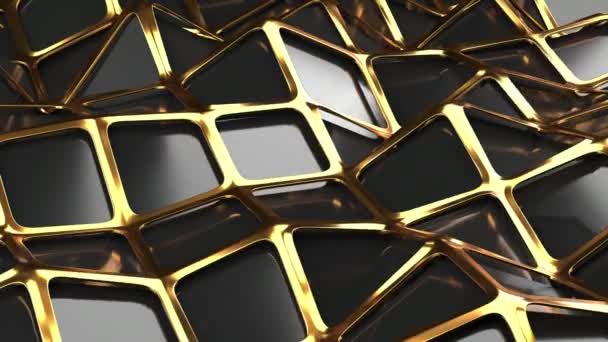 De gouden en veelhoekige laagpolige grille heeft een zwart reflecterend oppervlak in een minimalistisch design. Abstract 3d 4k Hoge kwaliteit reder animatie naadloze achtergrond — Stockvideo