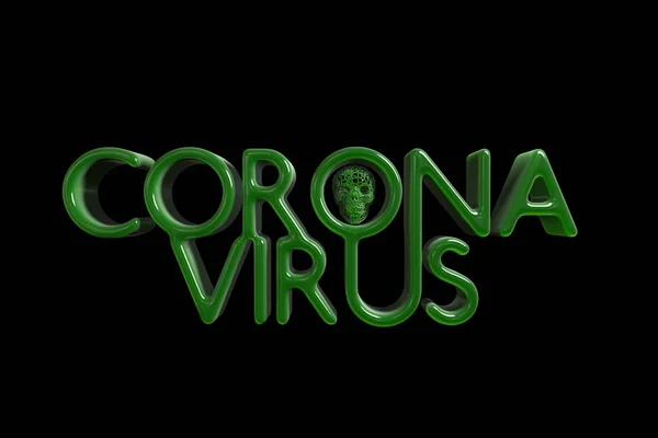 Coronavirus inscription text with horrible skull inside. 3d illustration. Concept of virus infection. Isolate on black background — Stock Photo, Image