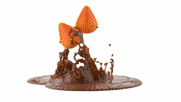 La fresa madura y fresca se vierte encima de chocolate dulce y marrón. Aislado sobre fondo blanco 3d ilustración con copyspace para su texto — Foto de Stock