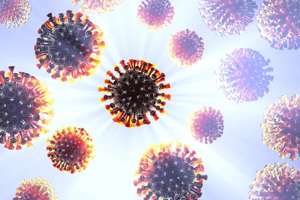 Molecole di coronavirus distribuite sul campo di calcolo. Fotografia microscopica. Il concetto di infezione da virus epidemico e il rischio di vita. Cura della salute. Illustrazione 3D delle cellule — Foto Stock