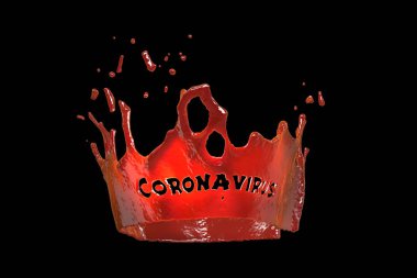 Coronavirus yazıtları, taç şeklinde kırmızı kan sıçramasıyla yazılmış. 3 boyutlu illüstrasyon. Virüs enfeksiyonu kavramı