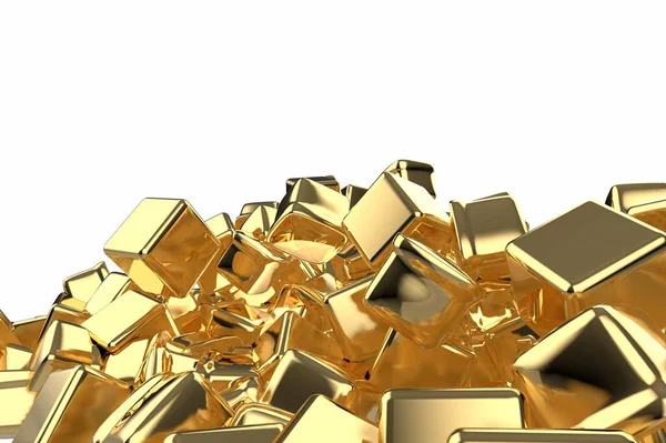 Большая куча золотых слитков в виде коробок, трехмерная иллюстрация изолирована на белом фоне. Концептуальное изображение успеха, богатства и процветания — стоковое фото