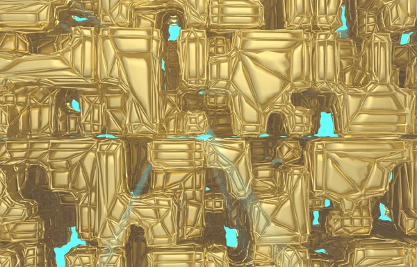 Renderowania 3D, nowoczesny golden przewodowej sześcian tekstura ściana, cyfrowy ilustracja losowego klastrów, streszczenie tło geometrycznych. Bogactwo i dobrobyt osiągnąć koncepcja architektury — Zdjęcie stockowe