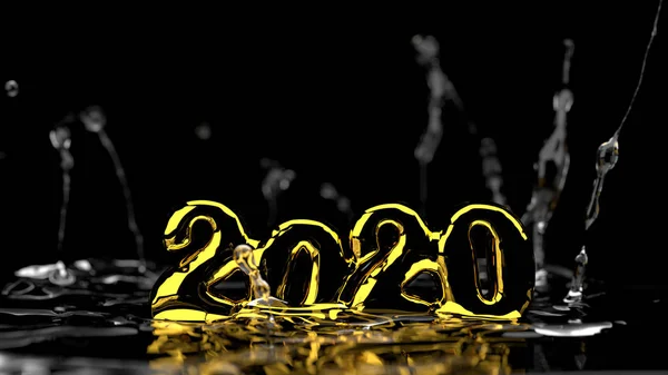 Frohes Neues Jahr 2020 Schriftzug aus Gold und Wasser spritzt herum. Vereinzelt auf schwarzem Hintergrund. 3D-Illustration. Selektive Fokus-Makroaufnahme mit flachem DOF — Stockfoto