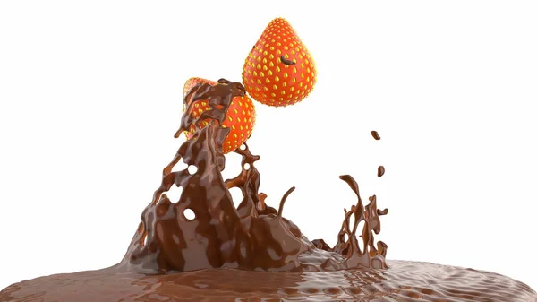 2 bayas jugosas y frescas de fresa se vierten en la parte superior de chocolate dulce, marrón. Aislado sobre fondo blanco 3d ilustración — Foto de Stock