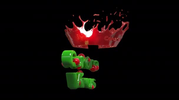 血と王冠の赤い滴と緑の肉によって作られたコロナウイルスのレタリング。3Dレンダリングシームレスループアニメーション。4k高品質ターンテーブル — ストック動画