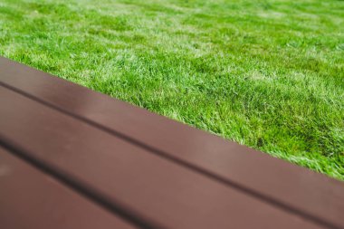 Yeşil çimlerin üzerinde yeşil bir parkta kahverengi bir bankta duran soyut geometrik arka plan. Sığ Dof ile seçici odak makro görüntüsü