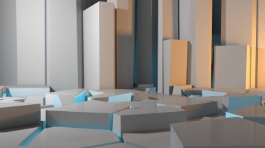 Duvarda ve zeminde kaotik çokgen kabartma deseni olan soyut beton iç veya dış görünüş bir buza benziyor. 3d resimlendirme