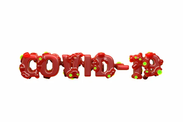 Inscripción roja COVID-19 elaborada por sangre con gotas verdes. Medicina y concepto de drogas 3d ilustración aislada sobre fondo blanco. Enfermedad epidémica por Coronavirus — Foto de Stock