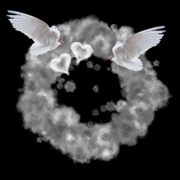 Gelukkige Valentijnsdag vintage belettering geschreven door vuur of rook over wolk achtergrond met twee vliegende duiven en harten — Stockfoto