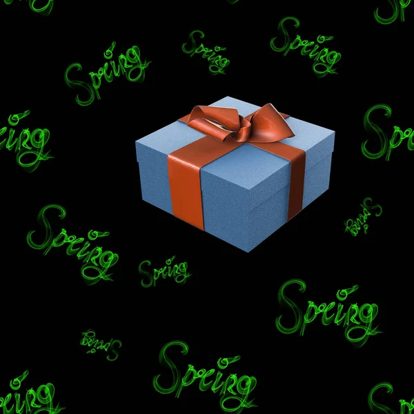 Весенние зеленые буквы слово из дыма изолированы на черном фоне с подарочной коробкой. Бесшовный дизайн. 3d иллюстрация — стоковое фото
