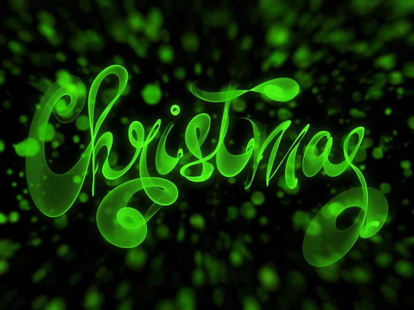 Christmas word lettering written with green fire flame or smoke on blurred bokeh background — Stock Photo, Image